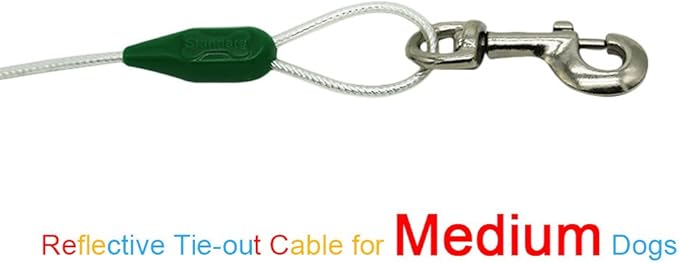 Petest 15ft Reflective Tie-Out Cable for Medium Dogs Up to 60 Pounds DarkGreen & Silver