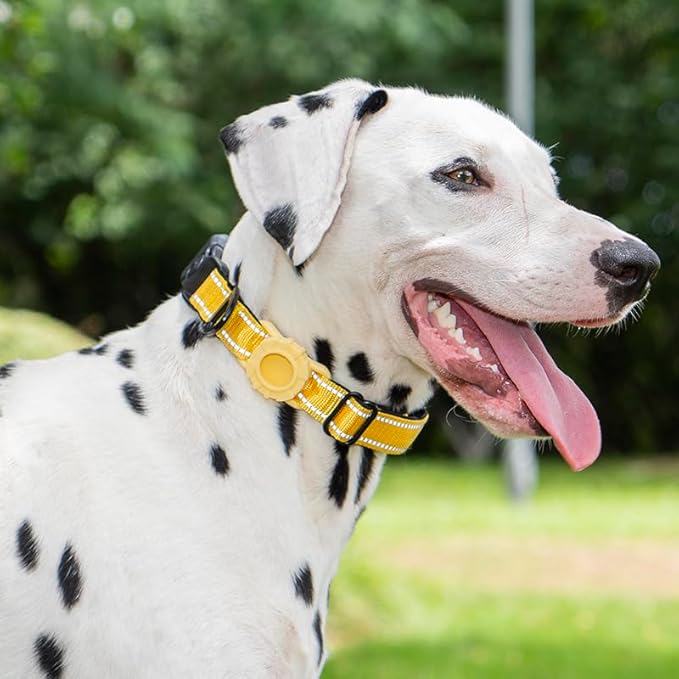 JSXD AirTag Dog Collar, Night Reflective Nylon Dog Collar for Small Medium Large Dogs,Lockable Quick Release Buckle,Padded Breathable Pet Collar with AirTag Holder (Yellow, Small)