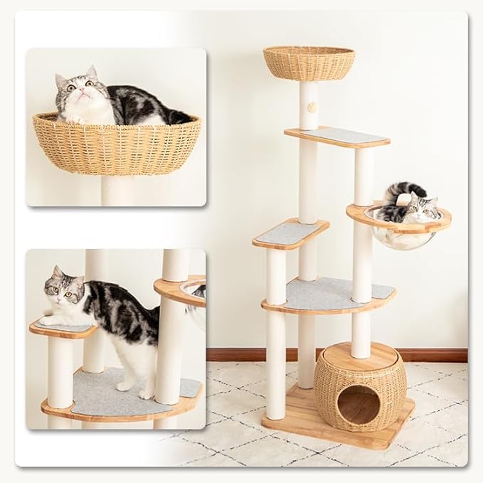 Wooden Cat Tower for Large Cats 63’‘, Modern Multi-Level Condo with Natural Wood, Indoor Cat Furniture for Medium and Big Pets (White 81007s)