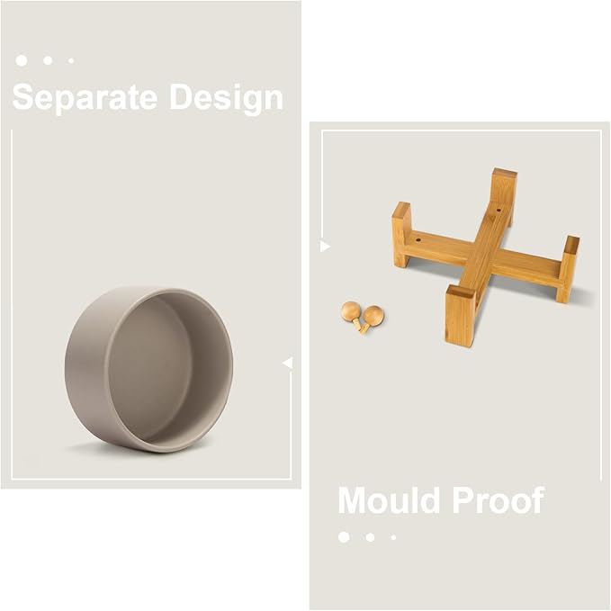 SPUNKYJUNKY 15° Slanted Ceramic Dog and Cat Bowl with Wooden Stand, Tilted Bulldog Food and Water Bowl No Slip Non-Spill for Cats Medium Dogs Big Face Pets 28.7 OZ (3.6 Cups, Grey)