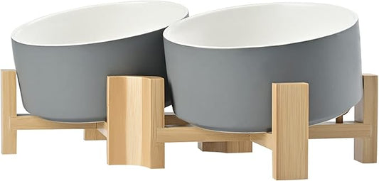 SPUNKYJUNKY 15° Slanted Ceramic Dog and Cat Bowl with Wooden Stand, Tilted Bulldog Food and Water Bowl No Slip Non-Spill for Cats Medium Dogs Big Face Pets 28.7 OZ (3.6 Cups, White-Grey × 2)