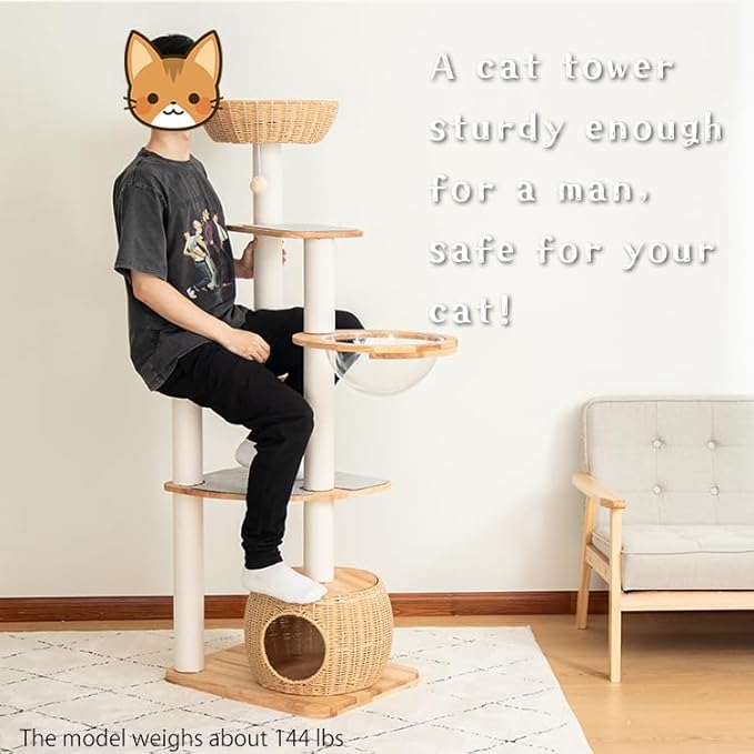 Wooden Cat Tower for Large Cats 63’‘, Modern Multi-Level Condo with Natural Wood, Indoor Cat Furniture for Medium and Big Pets (White 81007s)