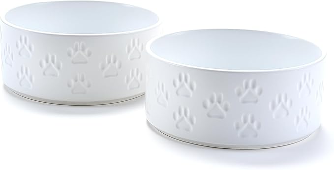 SPUNKYJUNKY Ceramic Dog and Cat Bowls 2 Pack, 6.1'' Dog and Cat Food Water Double Feeding Bowls Non-Slip for Large Sized Breed Microwave Dishwasher Safe - 28.7 OZ, 2pcs, Paw White