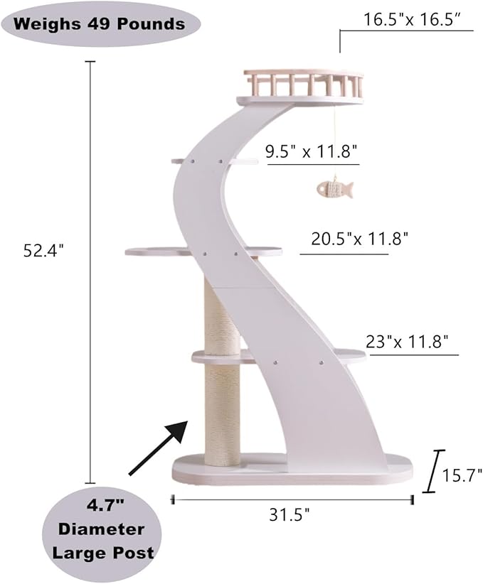 SHENGOCASE Modern Stylish 52.4 inches Tall Wooden Cat Tree Tower, Aesthetic Cat Condo Ladder with 5-Level Big Perch Platform Bed for Window Viewing Watching Large Scratching Post