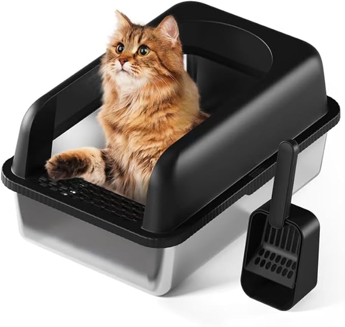 Stainless Steel Cat Litter Box with Lid, 24" L x 16" W x 11.8" H, Large Cat Litter Box for Multiple Cats with High Sided, No-Leak & Stick, Easy to Clean, Includes Litter Mat & Multi Functional Scoop