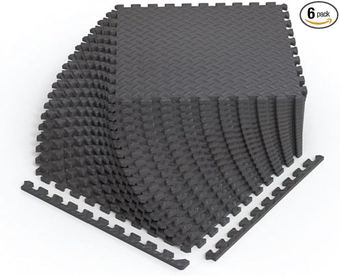 Norsk Foam Floor Gym Mats with Interlocking Tiles, .47" Thick, 24"x24",6-Pack, 24 Square Feet, Diamond Plate Design, Grey