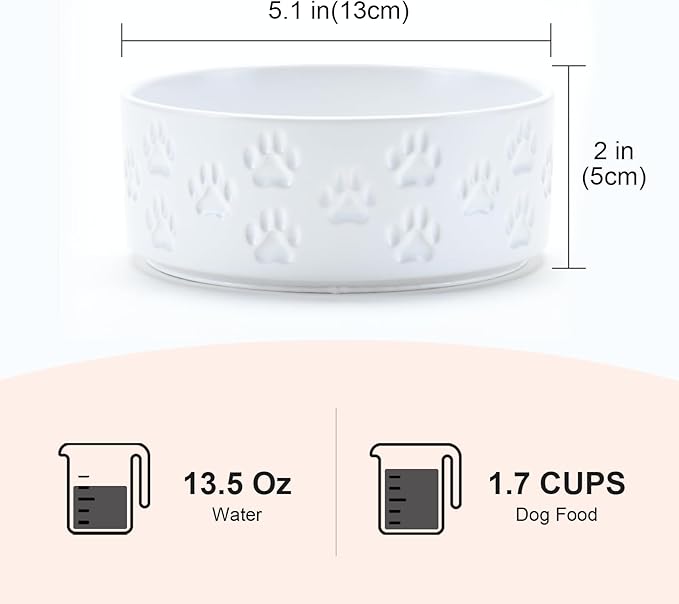 SPUNKYJUNKY Ceramic Dog and Cat Bowls 2 Pack, 5.1'' Dog and Cat Food Water Double Feeding Bowls Non-Slip for Cats and Puppy Small Sized Breed Dogs Microwave Dishwasher Safe - 13.5 OZ, 2pcs, Paw White