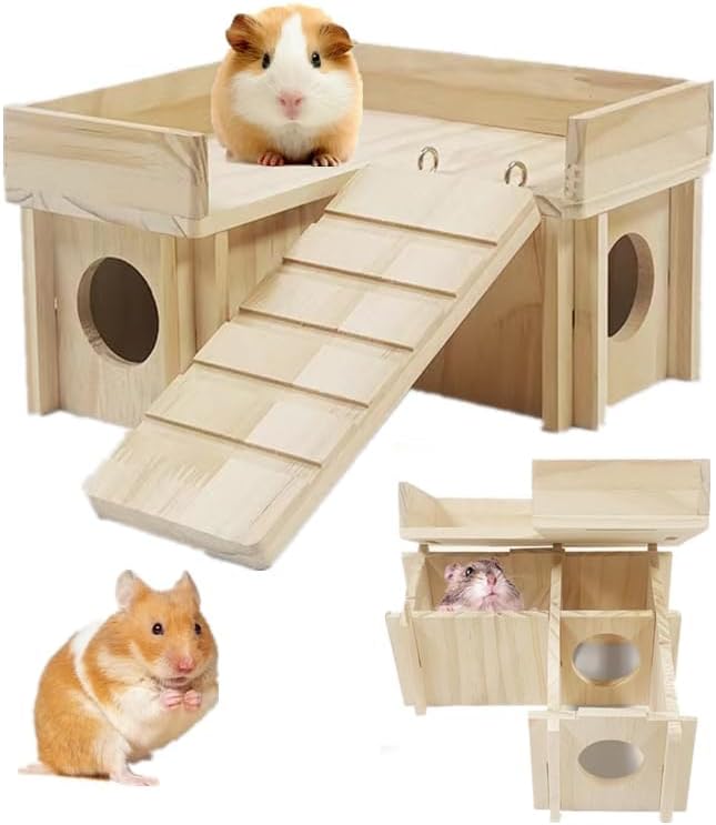 Hamster House Multi Chamber Wooden Hamster Maze Tunnel with Ladder Gerbil Hideout Castle Small Animal House Hut Habitats Cage Accessories for Hamster Rat Gerbils and Other Small Pets