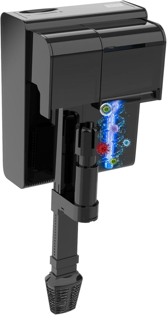 U-V Aquarium Filter for 10-20 Gallon Tank,Hang On Back Aquarium Filter Green Water Cleaning Machine,HOB Filter Ultra-Quiet Powerful Pump 118GPH for Fish Turtle Tank with Surface Skimmer