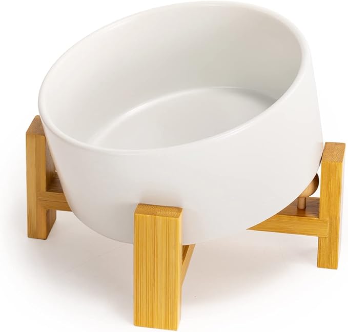 SPUNKYJUNKY 15° Slanted Ceramic Dog and Cat Bowl with Wooden Stand, Tilted Bulldog Food and Water Bowl No Slip Non-Spill for Cats Medium Dogs Big Face Pets 28.7 OZ (3.6 Cups, White)