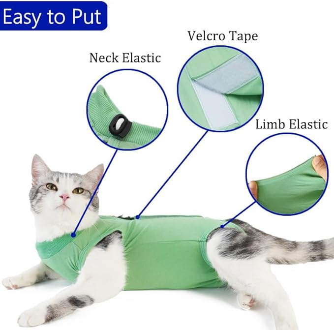 Cat Surgery Recovery Suit Professional for Surgical Abdominal Wound Or Skin Diseases E-Collar Alternative for Cats After Surgery Wear Pajama Suit (Green, Small)