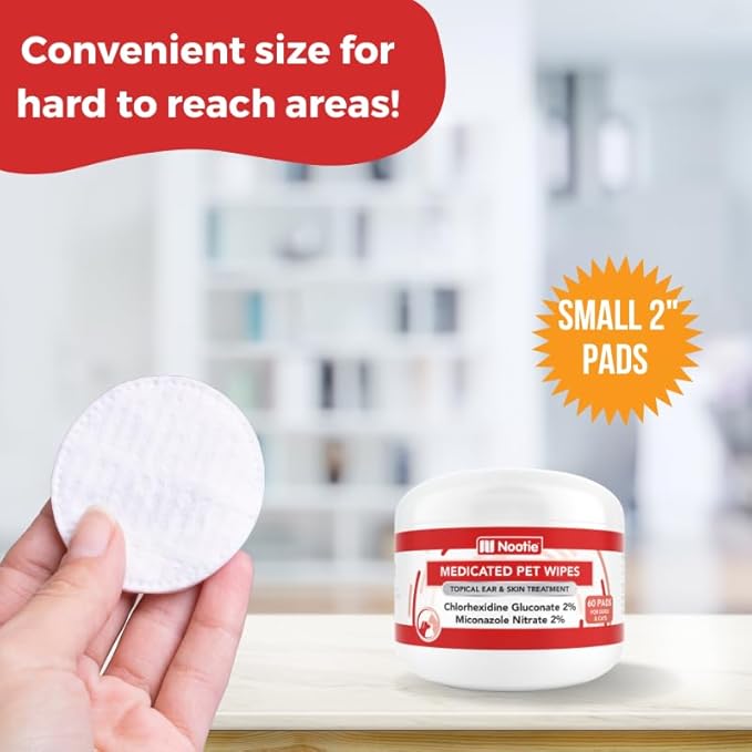 Nootie Medicated Dog Wipes - Antifungal Wipes - Antibacterial Wipes - Antimicrobial Wipes for Dogs 2% Chlorhexidine Wipes with 2% Micronazole for Best Results with Cats and Dogs Problems 60 pads - USA, White