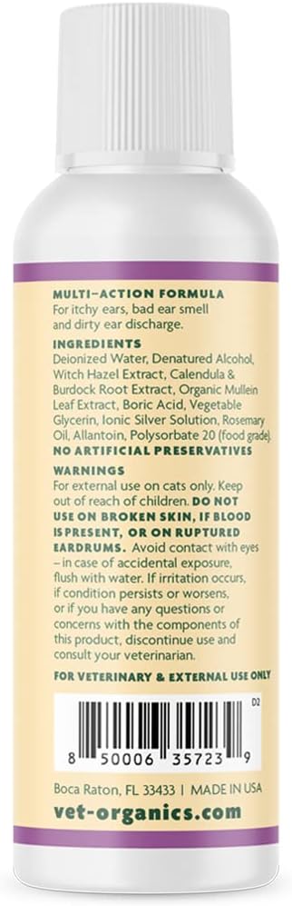 Vet Organics EcoEars Cat Ear Cleaner. Natural Multi-Action Formula. for Itch, Head Shaking, Discharge & Smell. Naturally Cleanses Away Common Problems. 100% Guaranteed (4 oz)