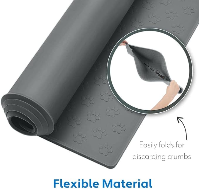 MIGHTY MONKEY 100% Waterproof Dog Food Mat, Raised Edges Silicone Pet Feeding Placemat for Cat, Dogs, Pet Bowls, High Lipped Tray Prevents Water Spills, Food on Floor, Dishwasher Safe, 24x16, Gray