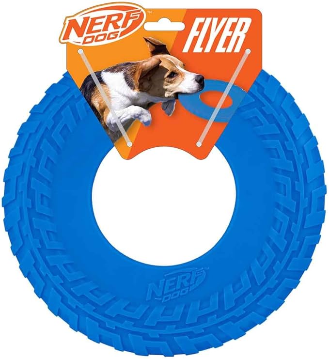 Nerf Dog Tire Flyer Outdoor Dog Toy, 10 Inch Flying Disc Dog Fetch Toy, Rubber Dog Toy for Medium Dogs and Large Dogs, Blue