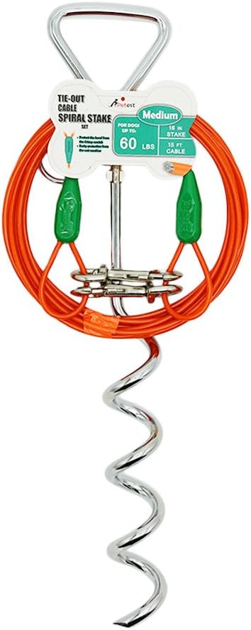 Petest 16 Inch Spiral Stake with 15ft Tie-Out Cable for Medium Dogs Up to 60 Pounds DarkGreen & Orange