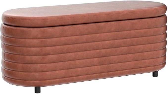 Storage Ottoman Bench Upholstered PU Leather End of Bed Stool with Safety Hinge for Bedroom, Living Room, Entryway (44.5-inch, Brown), TN2436