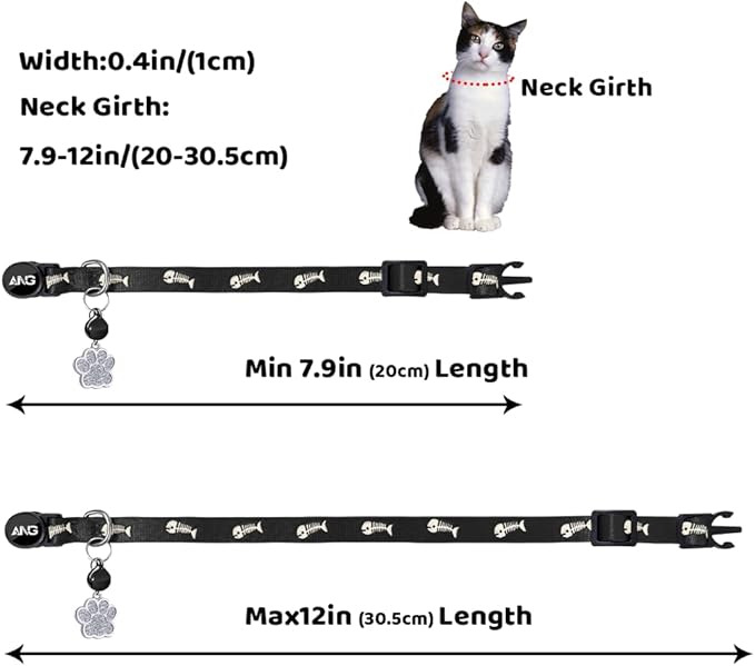 Personalized Breakaway Cat Collars Glow-in-The-Dark with ID Tag, Bell - Safety Quick - Release, Customizable for Female Male Kittens & Cats (Black)