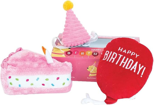 ZippyPaws Birthday Box - Dog Squeaky Toys to Keep Them Busy, Funny Food Plush for Small, Medium, & Large Dogs, Cute Stuffed Puppy Toy & Hat, Pet Products, Gift for Dogs of All Breeds - 3-Pack, Pink