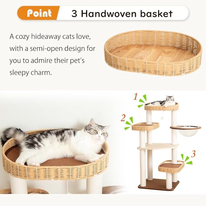 48'' Cat Tree for Large Cats, Modern Cat Tree Multi-Level Condo with Natural Wood, Cat Activity Centre for Medium and Big Pets (White LS02)