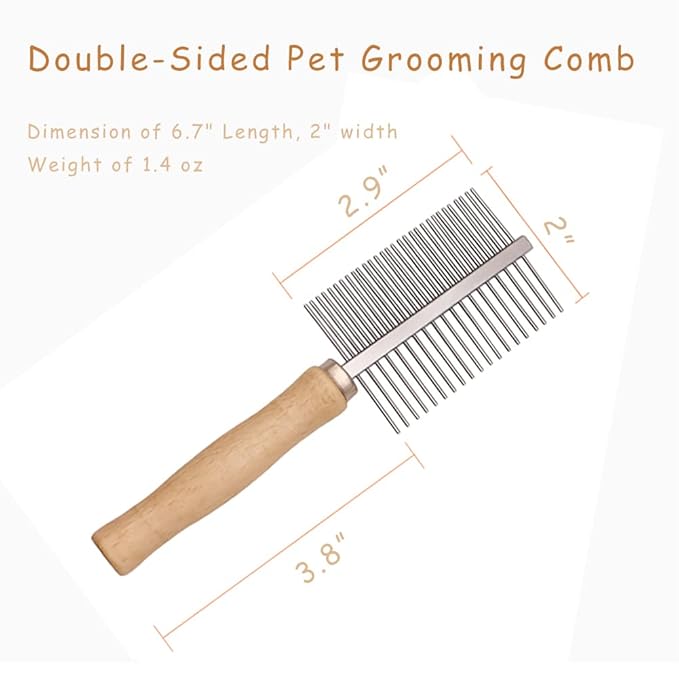 Dog Cat Pet Comb Double-Sided Grooming Brush Metal Comb for Loosening up Removing Mats Debris Tangles and Knots Wooden Handle Stainless Steel Tooth Perfect for Honghair Pets