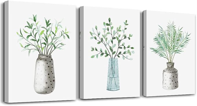 AHUASJART Canvas Wall Art - Paintings for Kitchen, Dining Room, Family Wall Decor - Green Leaf Vase, 3 Piece