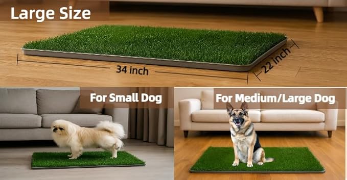 Dog Grass Pad with Tray, 34"x22" Silicone Base Washable Reusable Pee Pad & Grass Pad - Non-Slip, Easy-Clean Indoor Outdoor Dog Potty Toilet (34" x 22")
