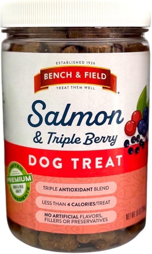 Bench & Field Holistic Natural Salmon & Triple Berry Dog Treats | Crunchy Bone-Shaped Bites | Antioxidant Blend, 10-Ounce Bottle