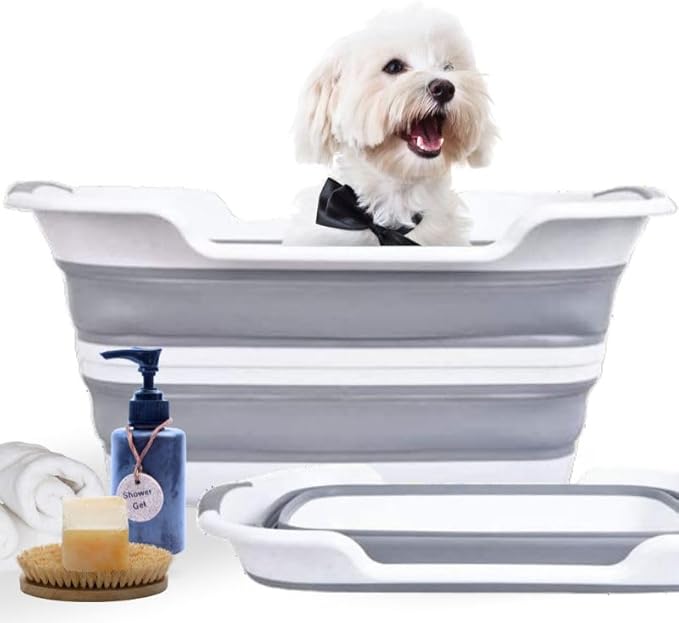 CYGNE Dog Bath Tub with Water Drain Plug, Collapsible Bathtub for Dog Washing and Grooming, Portable Foldable Space Saving Design for Pet Puppy Small Dogs Cats, BPA Free, Gray