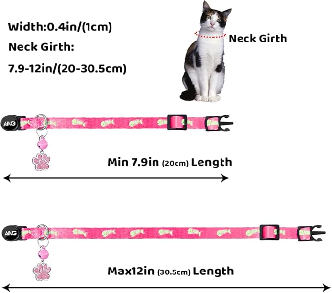 Personalized Breakaway Cat Collars Glow-in-The-Dark with ID Tag, Bell - Safety Quick - Release, Customizable for Female Male Kittens & Cats (Pink)