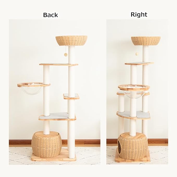 Wooden Cat Tower for Large Cats 63’‘, Modern Multi-Level Condo with Natural Wood, Indoor Cat Furniture for Medium and Big Pets (White 81007s)