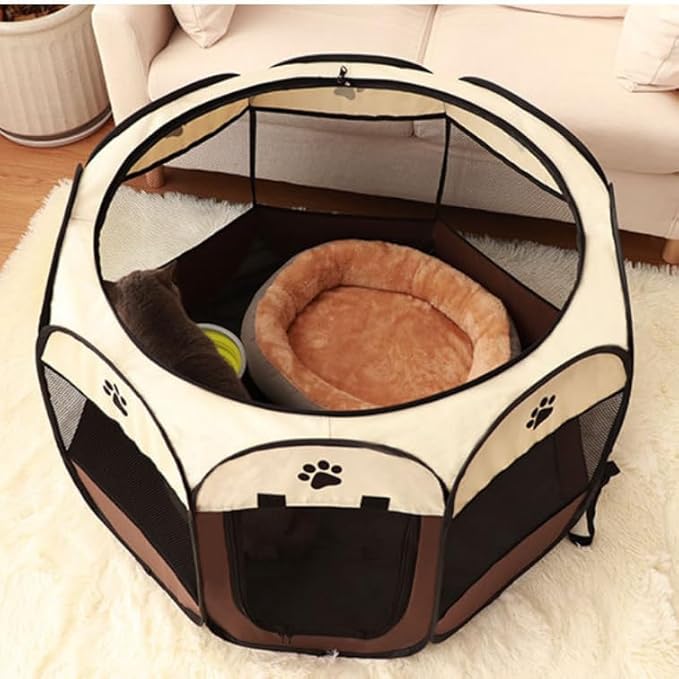 Cat Playpen for Indoor and Outdoor Cats Collapsible Enclosed, Portable Cat Tent, Cat, Puppy Crate Cage (Coffee, Medium, Octagon)
