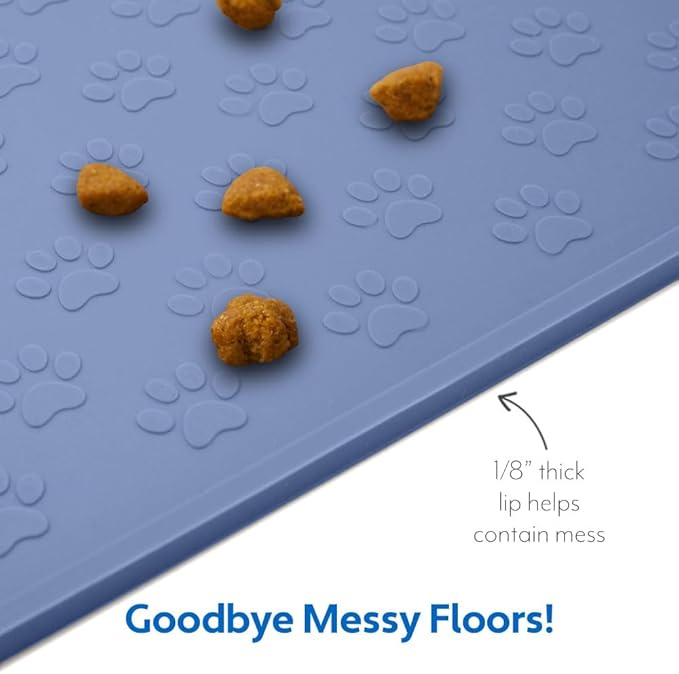 MIGHTY MONKEY 100% Waterproof Dog Food Mat, Raised Edges Silicone Pet Feeding Placemat for Cat, Dogs, Pet Bowls, High Lipped Tray Prevents Water Spills, Food on Floor, Dishwasher Safe, 24x16, Lt Blue