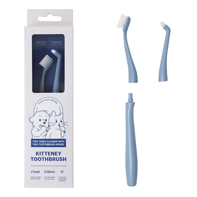 Kitteney Pet Toothbrush for Dogs, Cats with 0.06mm Super Soft Bristles, Head Replaceable, Double Headed Toothbrush for Small to Large Teeth, Easy Teeth Cleaning & Dental Care (Blue)