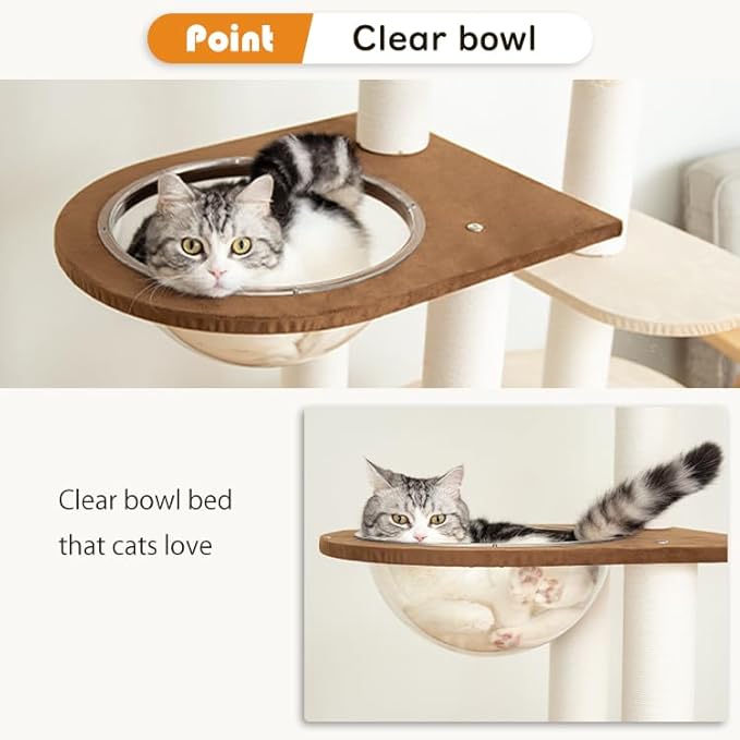 Wood Cat Tree 60'' with Woven Beds, 5-Level Natural Cat Condo with Sisal Posts & Clear Bubble Lounge, Multi-Level C at Furniture for Indoor Pets, Easy to Assemble (Brown-Particle Board)