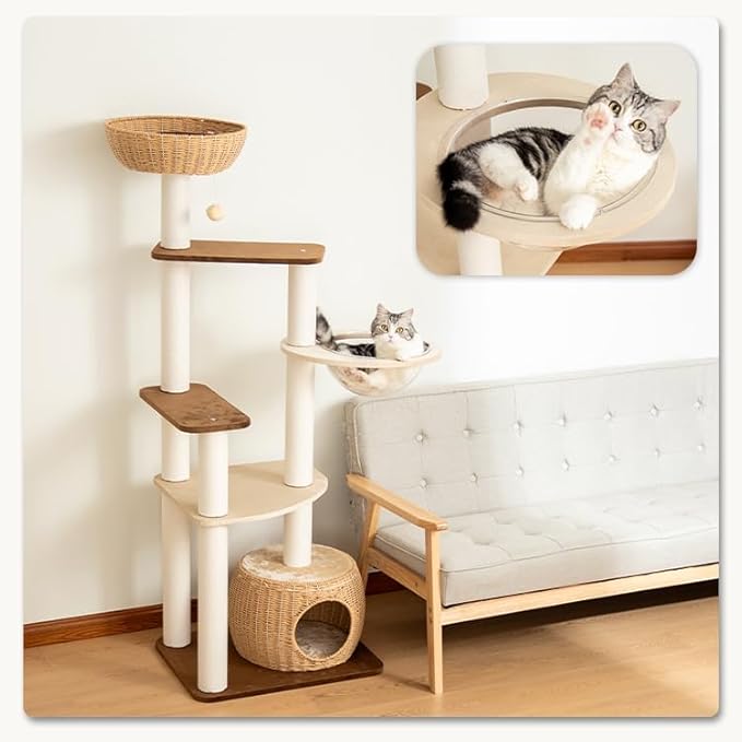 Wooden Cat Tower for Large Cats, 63’‘ Modern Multi-Level Condo with Natural Wood, Indoor Cat Furniture for Medium and Big Pets (White 81007DD)