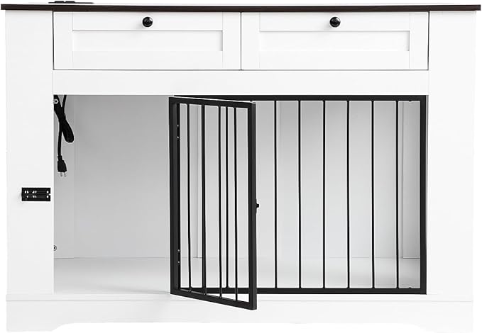 Large Dog Crate Furniture-Decorative Heavy Duty Dog Cage Indoor, Wooden Dog Cage End Table with Charging Station, Dog House with 2 Drawers (White, 47.2''L)