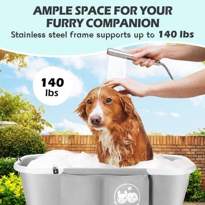 Premium Elevated & Foldable Dog Bathtub – 5 Adjustable Heights for Back-Friendly Grooming. Portable Indoor/Outdoor Pet Washing Station, Supports Small & Medium Dogs up to 140 lbs