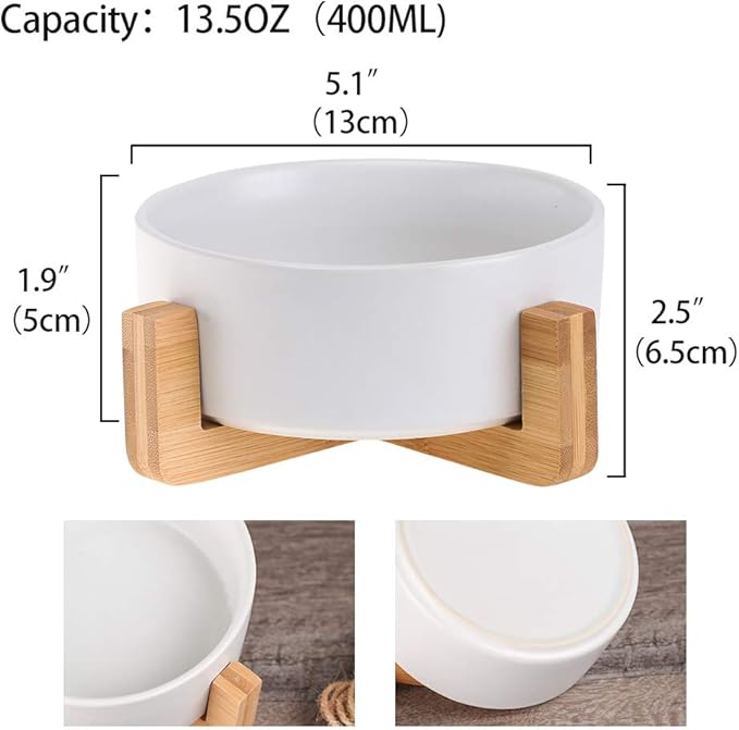 White Ceramic Cat Dog Bowl Dish with Wood Stand No Spill Pet Food Water Feeder Cats Small Dogs