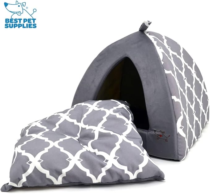Pet Tent - Soft Bed for Dog and Cat by Best Pet Supplies - Gray Lattice, 19" x 19" x H:19"