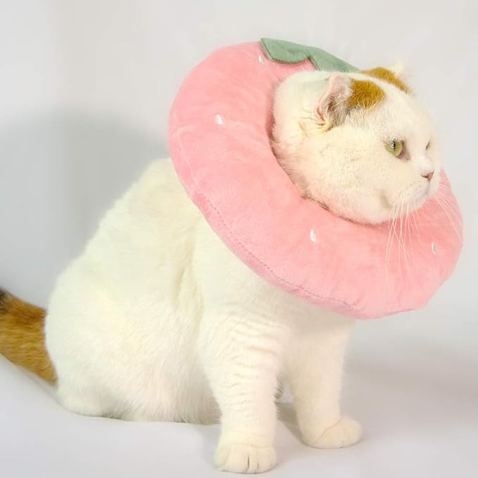 Adjustable Cat Recovery Collar Soft,Cute Pet E-Collar Neck Cone After Surgery Wound Healing Protective Cone Fit for Kitties, Small Dogs(ELC05-strawberry-m)