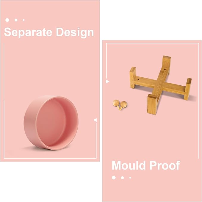 SPUNKYJUNKY 15° Slanted Ceramic Dog and Cat Bowl with Wooden Stand, Tilted Bulldog Food and Water Bowl No Slip Non-Spill for Cats Medium Dogs Big Face Pets 28.7 OZ (3.6 Cups,Pink)