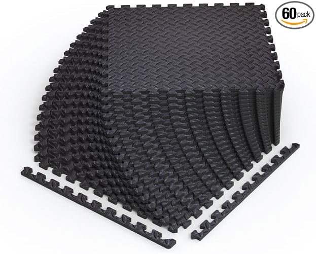 Norsk Foam Floor Gym Mats with Interlocking Tiles, .47" Thick, 24"x24", 60-Pack, 240 Square Feet, Diamond Plate Design, Black