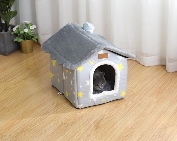Scnbom Dog House Indoor Puppy Cave Cat Nest Kennel Pet Bed Portable Memory Sponge Foldable Houses with Cushion (Grey, L:Size fits 14kg/30lbs (Pets))