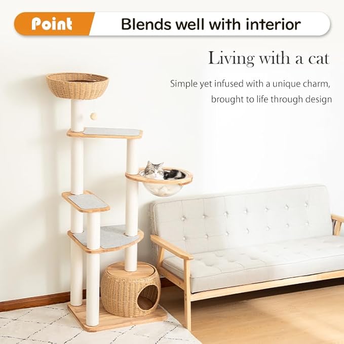 Wooden Cat Tower for Large Cats 63’‘, Modern Multi-Level Condo with Natural Wood, Indoor Cat Furniture for Medium and Big Pets (White 81007s)