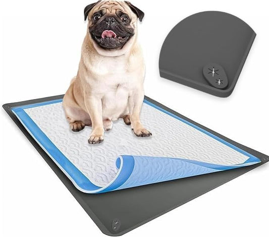 TidyFriend Dog Pee Pad Holder Tray Fits for 27.5” x 44” Pee Pads with Corner Lock Holes, Raised Edges, Non-Spill, Easy to Clean Silicone Dog Potty Tray Holder, For Indoor Floor Protection (Grey)