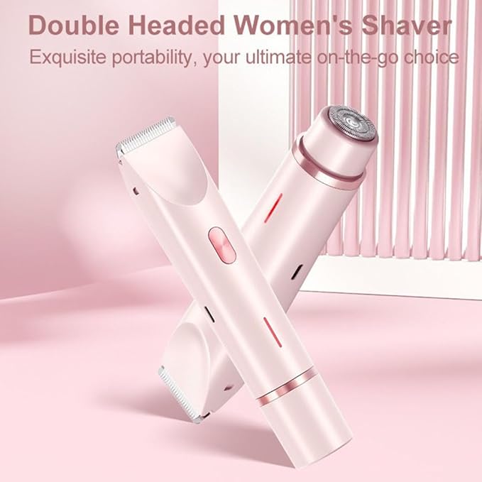 Bikini Trimmer for Women 2025 Upgrade Dual Head Shaver Women Ceramic Blades 2-in-1 Women's Body Shaver Electric Razor 90min Cordless Runtime Waterproof Travel Grooming Kit (Pink)