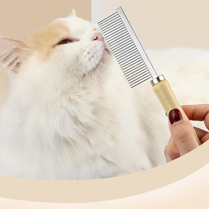 Pet Comb for Dog Cat Rabbit Grooming, Dog Stainless Steel Combs with Wooden Handle, Small Cat Flea Lice Comb for Removes Mats, Tangles and Loose Fur