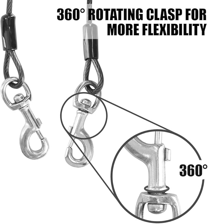 BV Dog Tie Out Cable 25 Feet - Heavy Duty Dog Lead Up to 250 Pounds - Reflective & Rust-Free with Quick Release Swivel Clips & 360° Rotating Clasp - Tangle-Free Dogs Runner for Yard (Grey, Pair)