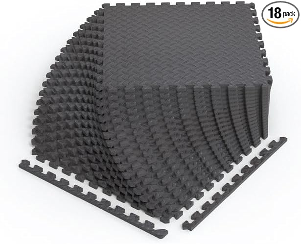 Norsk Foam Floor Gym Mats with Interlocking Tiles, .47" Thick, 24"x24", 18-Pack, 72 Square Feet, Diamond Plate Design, Grey